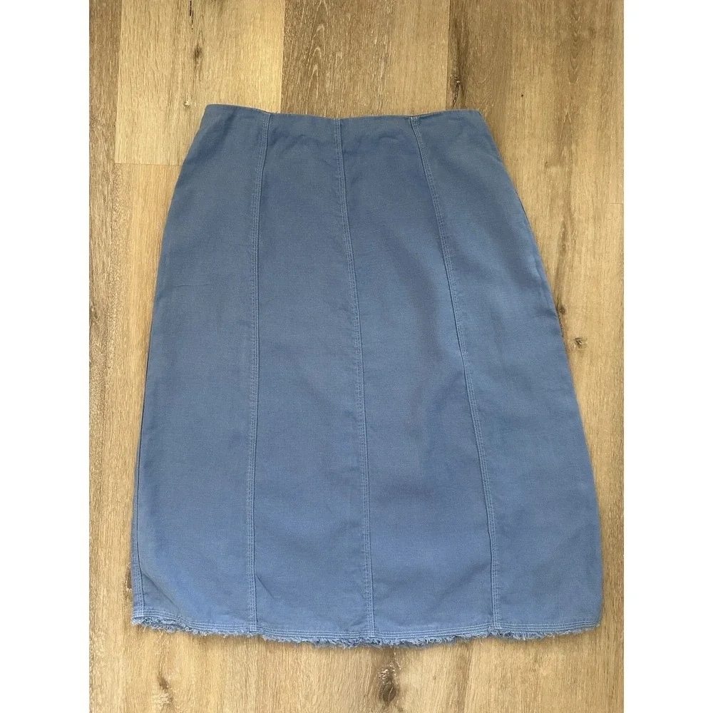 Relativity Womens Size 10 Linen Skirt Blue Fringe Raw Hem Pencil‎ Knee Midi